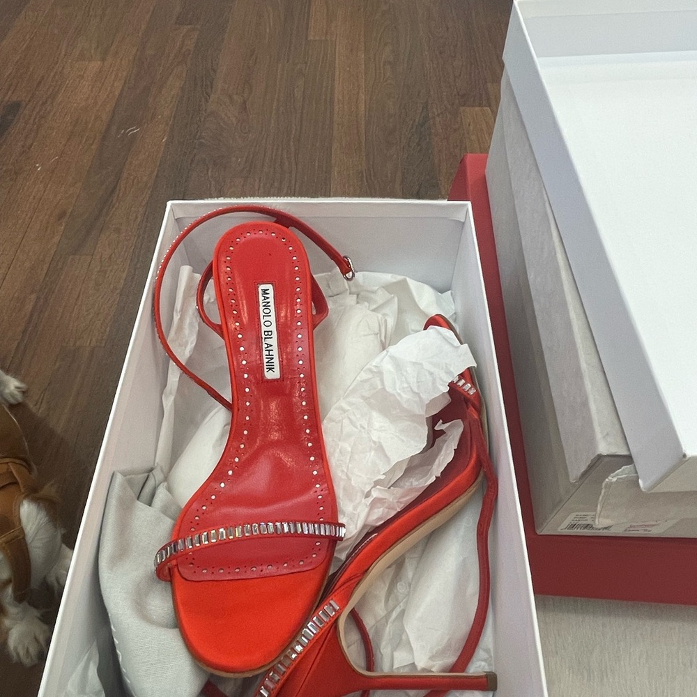 Manolo Blahnik Red Stiletto Heels with Strappy Design